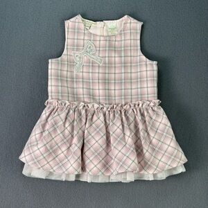 WENDY BELLISSIMO Pink Grey Plaid Rhinestone Bow Ruffled Hem Dress Baby Girl 6-9m